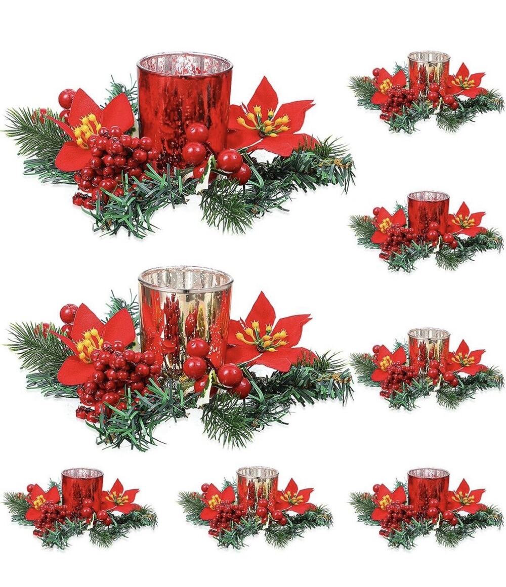 12 Sets Pinecone Berry Poinsettia Candle Rings with 6 Glass Tealight Holders